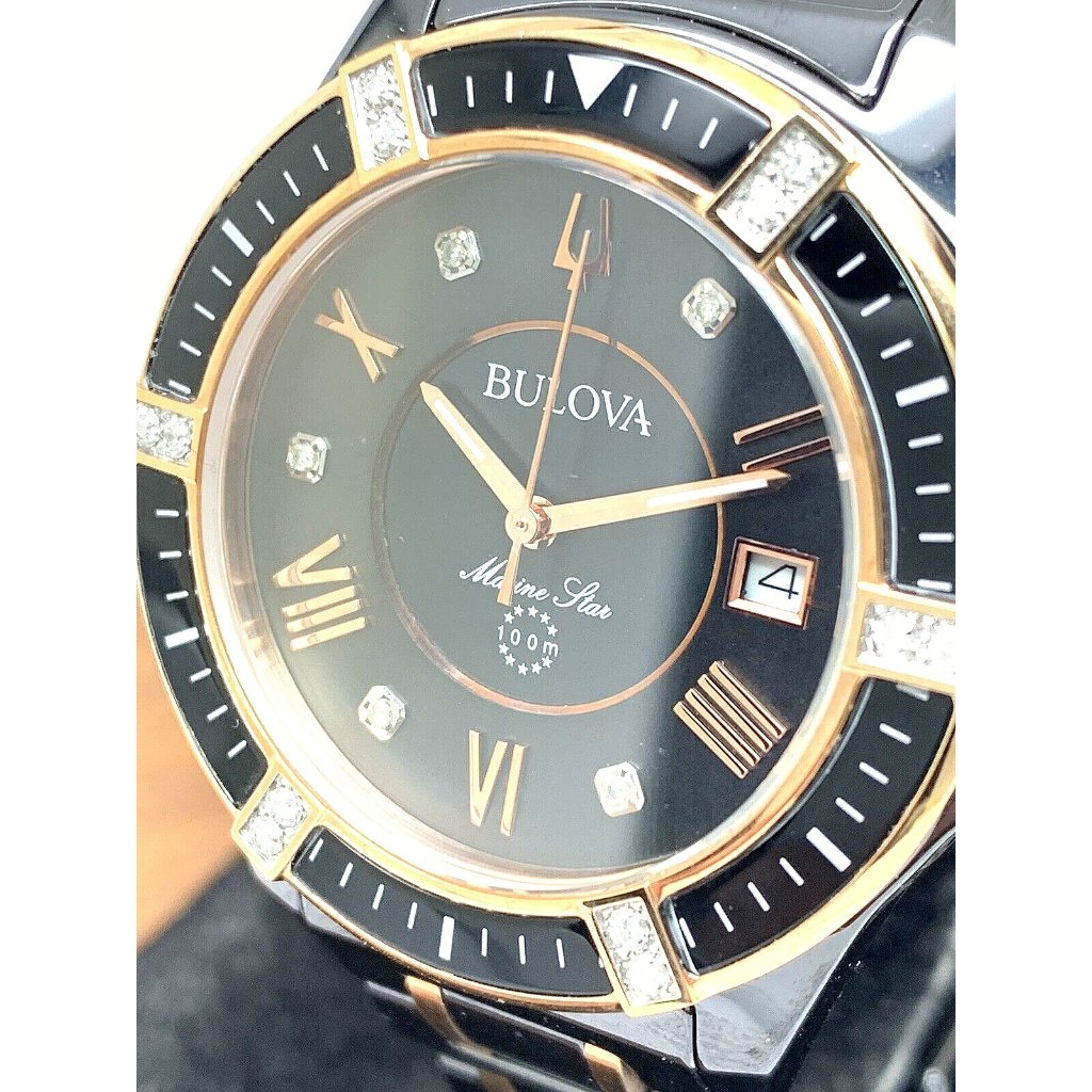 Bulova Women's Watch 98r242 Marine Star Quartz Diamond Black Rose Gold C